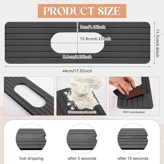 an Oval Hole Gray Faucet Mat for Kitchen Sink Bathroom 17.32 x 4.6 Kitchen Faucet Absorbent Mat Diatomite Splash Guard Quick Drying Stone Drip Catcher Hole 6.22  x 2.28