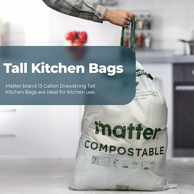 Matter Compostable 13 Gallon Tall Kitchen Trash Bags with Drawstring Eco-Friendly Unscented Durable Leak-Resistant 60 Count