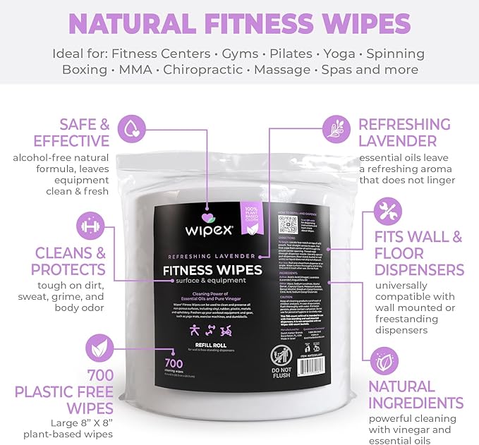 Wipex Plant-Based Gym Wipes Refill - EWG Verified - 700 Count 8x8 Gym Cleaner for Equipment with Vinegar &amp Lavender Essential Oil Fits Dispensers Lavender Scented Fitness Equipment Wipes