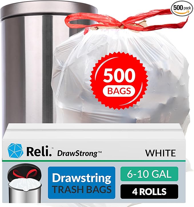 Reli. 6-10 Gallon Trash Bags Drawstring | 500 Count Bulk | 22x23 | 6 8 10 Gallon Drawstring Garbage Bags | White Trash Can Liners | Small - Medium