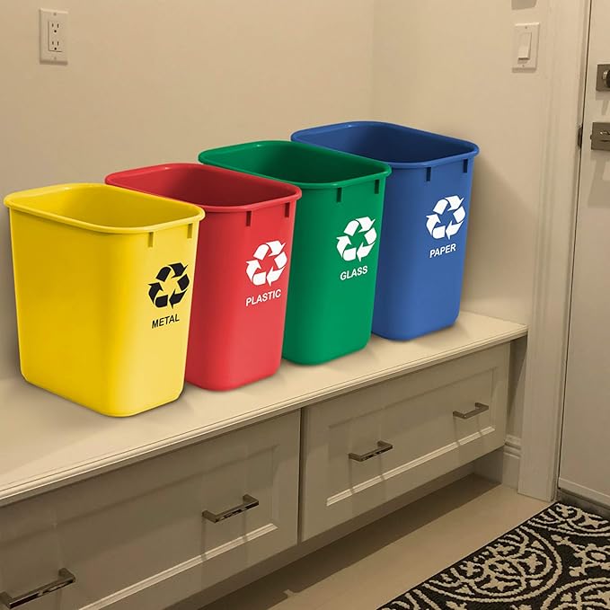 Acrimet Wastebasket Bin for Recycling 6.75 Gallon/ 27 Quart/ 25.552 Liter (Made of Plastic) (Metal/Yellow Paper/Blue Glass/Green Plastic/Red) (Set of 4)