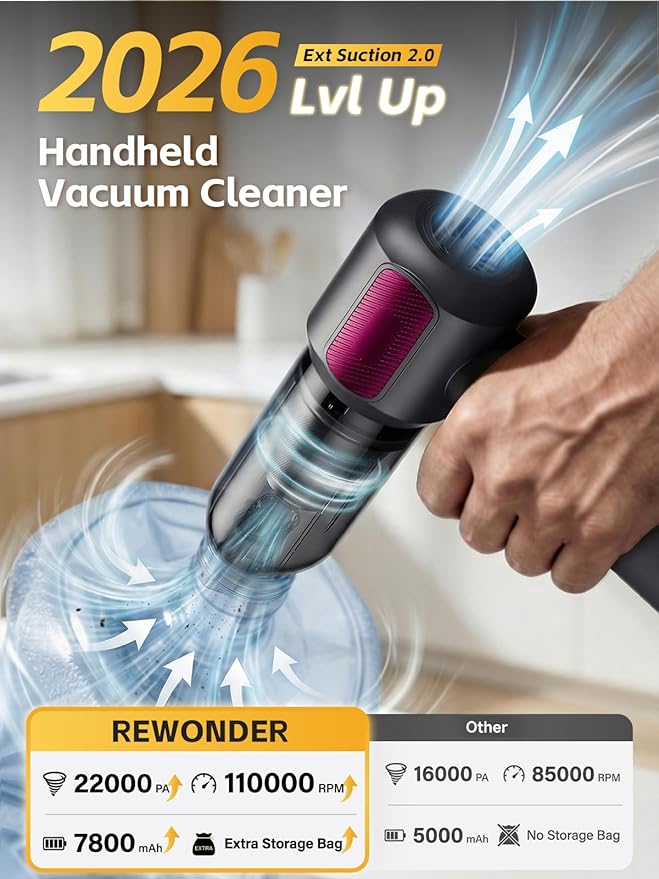 REWONDER Car Vacuum Cleaner High Power 22000Pa Vacuum Cleaner &amp 110000RPM Air Duster Handheld Vacuum with 7800mAh Battery Car Detailing Vacuum Storage Bag &amp Multi-Nozzles for Car Home