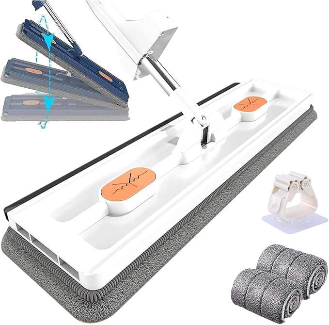 Self-Wringing 360° Flat Mop Multi-Functional Floor Mops Wall Cleaning with 2/4 Microfiber Pads 54 Adjustable Stainless Steel Long Handle Mop for Floors Corner Window (White+2 Mops)