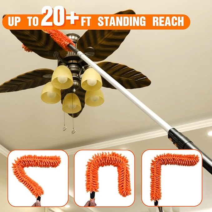 20FT Reach Ceiling Fan Cleaner Duster Fan Blade Cleaner Kit with 3-12FT Extension Pole Microfiber Duster &amp Replaceable Cleaning Cloth for Blades Ceiling Furniture