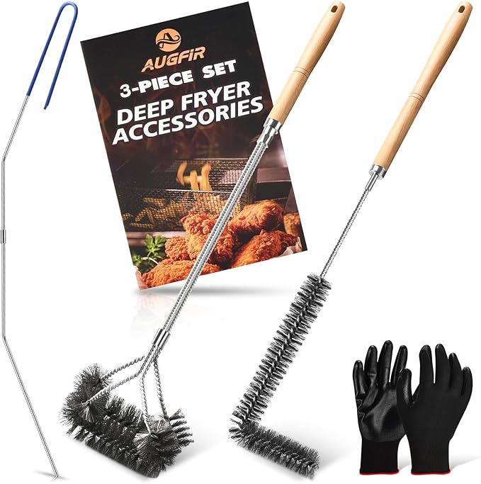 Fryer Cleaning Tools Set of 3 Stainless Steel Deep Fryer Basket Brush Long Handle L-Shaped Crevice Cleaning Brush and Cleanout Rod Kit for Kitchen Restaurant Electric Fryer Degreasing Scrubber Tool