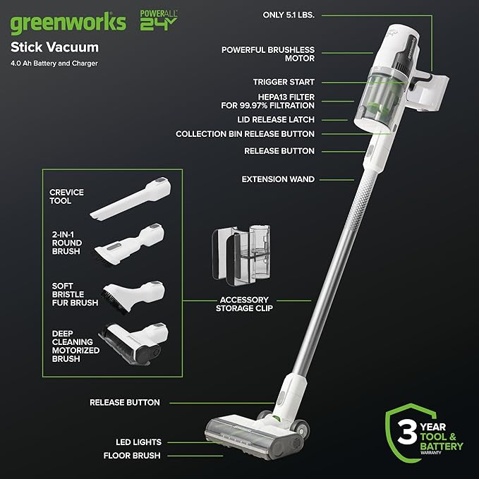 Greenworks 24V Brushless Cordless Stick Vacuum Lightweight Handheld Pet Anti-Allergen HEPA Filtration Hard Floor Carpet Car 4Ah Battery and 30-Minute Charge Time (White)