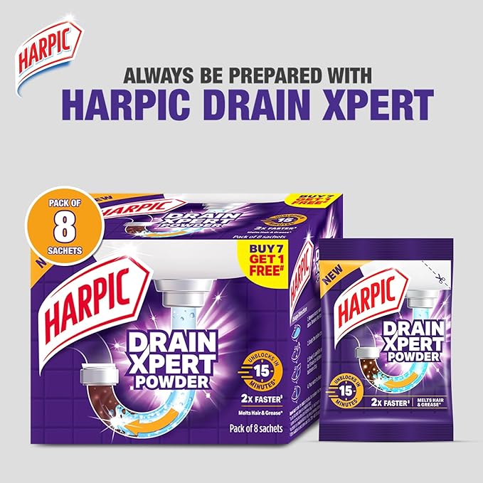 Harpic Drain Xpert Drain Cleaning Powder (50g x 8) | Removes Blockages in Pipes Sinks &amp Septic Tanks| Works within 30 minutes | Melts Grease &amp Dissolves Hair (Pack of 2)