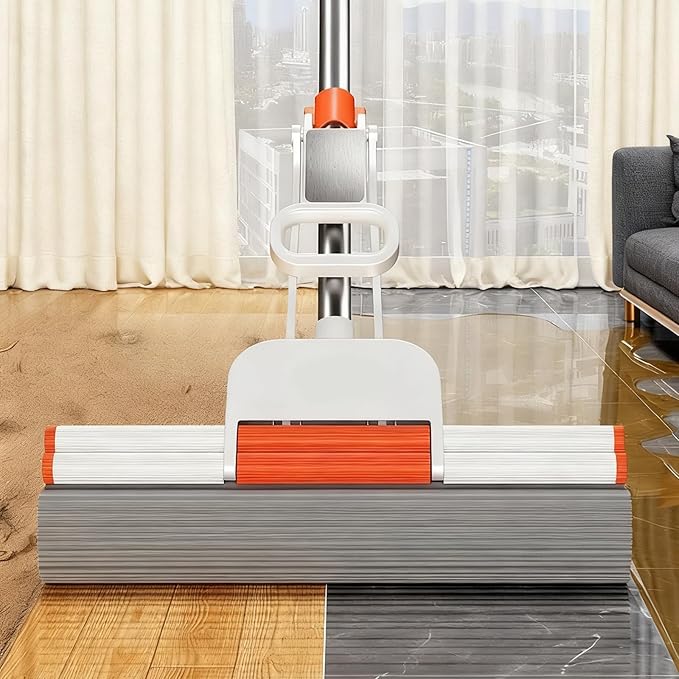 Household Telescopic Rod PVA Roller Mop One-Click Replacement 14.96Inch Sponge Head (Includes an Extra PVA Mop Head) Suitable for Tiles Floors Bathrooms and Home Use
