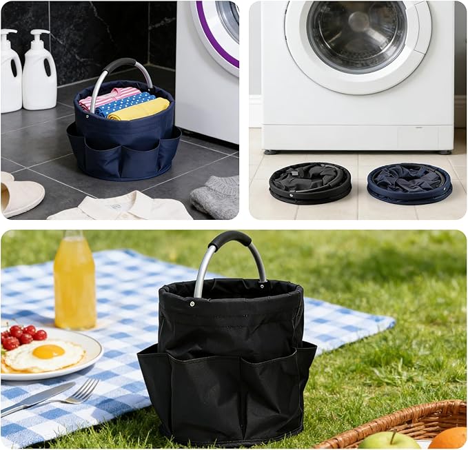 Tool Bucket Organizer 2-Pack 17L Foldable Cleaner Caddy with 6 PocketsHandle for Garden、Family and Bathroom Can Also be Used as a Beach Basket or Shopping BasketBlack+Navy Blue
