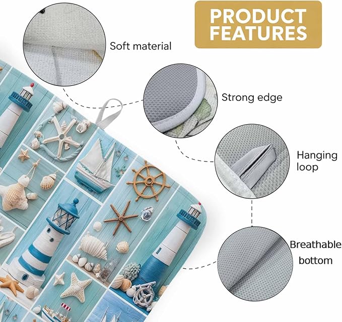 Blue Check Nautical Dish Drying Mat 16 x 18 Inch Lighthouse Coastal Absorbent Microfiber Coffee Mats for Kitchen Starfish Anchor Wooden Quick Drying Dish Drainer Pad 2 Pack