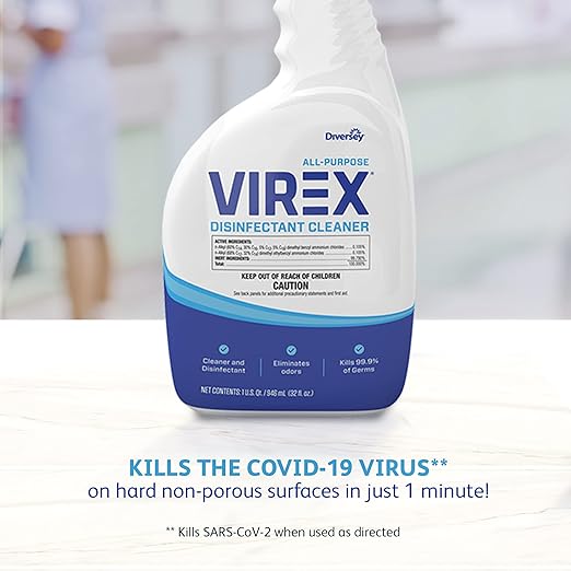 VIREX Diversey CBD540533 All Purpose Disinfectant Cleaner - Kills 99.9% of Germs and Eliminates Odors Lemon Scent Ready-to-Use 32-Ounce (Pack of 8)