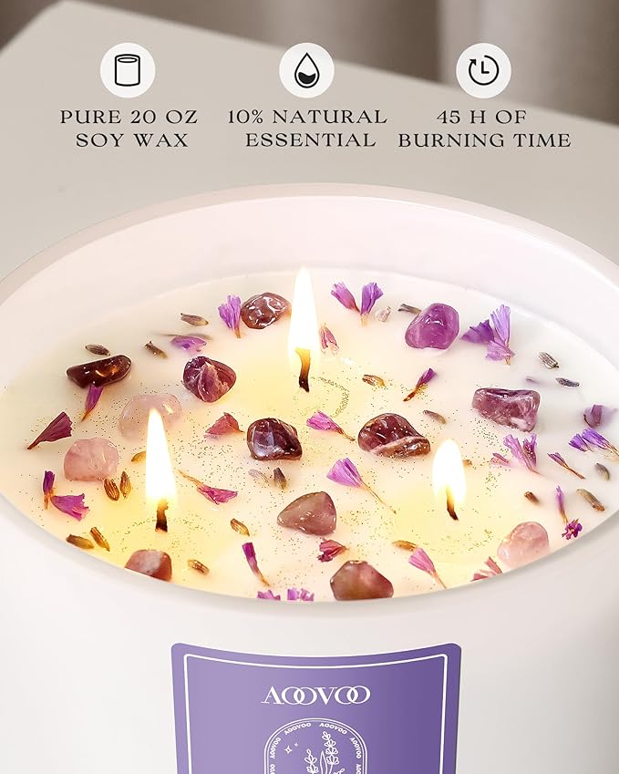 AOOVOO Lavender Scented Candles for Women - 20oz 3 Wick Soy Candles for Home Scented Aromatherapy Candle with Crystals Inside Birthday Gifts Valentines Day Candle for Women Mom