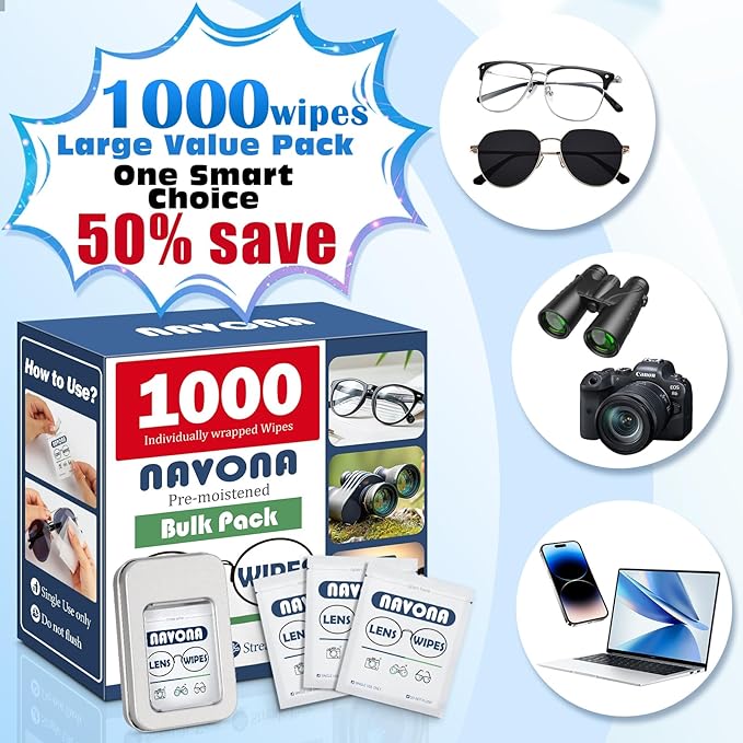 Navona Pre Moistened Lens Wipes for Eyeglasses - 1000 Count Individually Glasses Cleaner WipesNo ScratchNo Streak Eyeglass Cleaning Wipes for ScreenPhoneLaptopSunglasses