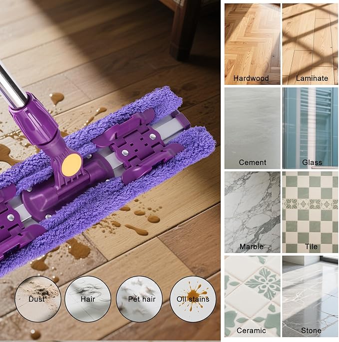 ITTAR 16 Dust Mop for Floor Cleaning Flat Mop with Stainless Steel Long Handle 5 Reusable Wahshable Mop Pads Microfiber Mops for Hardwood Laminate Tile Cleaning