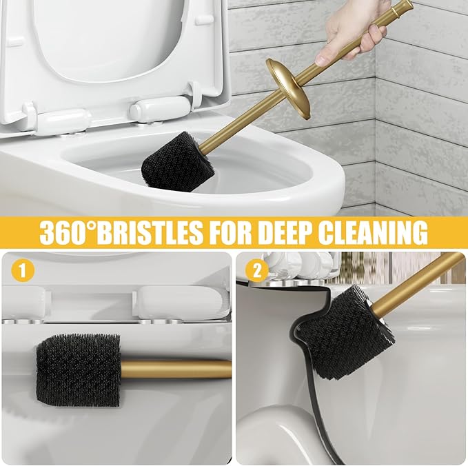 BESy Toilet Brush and Holder Toilet Cleaner Bowl Set with Two Brush with Extra Long Handle Durable Bristles Toilet Scrubber and Covered Holder Drip-Proof Stainless Steel Brushed Gold