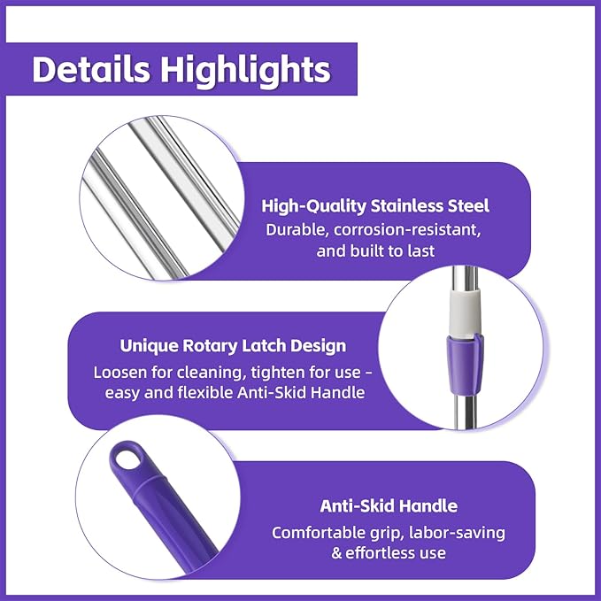 Spin Mop Replacement Handle 47.6-inch 360 Degrees Rotating Telescopic Replacement Mop Stick with Robust Reinforced Plastic Disc for Spin Mop Bucket Cleaning System (Plastic DiscPurple)