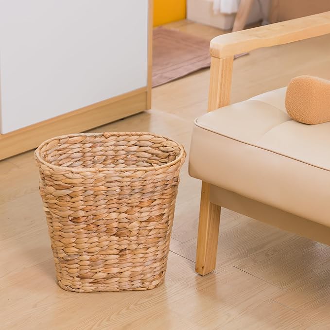 KOKODO Oval Water Hyacinth Waste Basket – Handwoven Wicker Trash Can with Handles &amp Metal Frame BOHO Decorative Garbage Bin for Bathroom Bedroom Home Office (1-Pack)