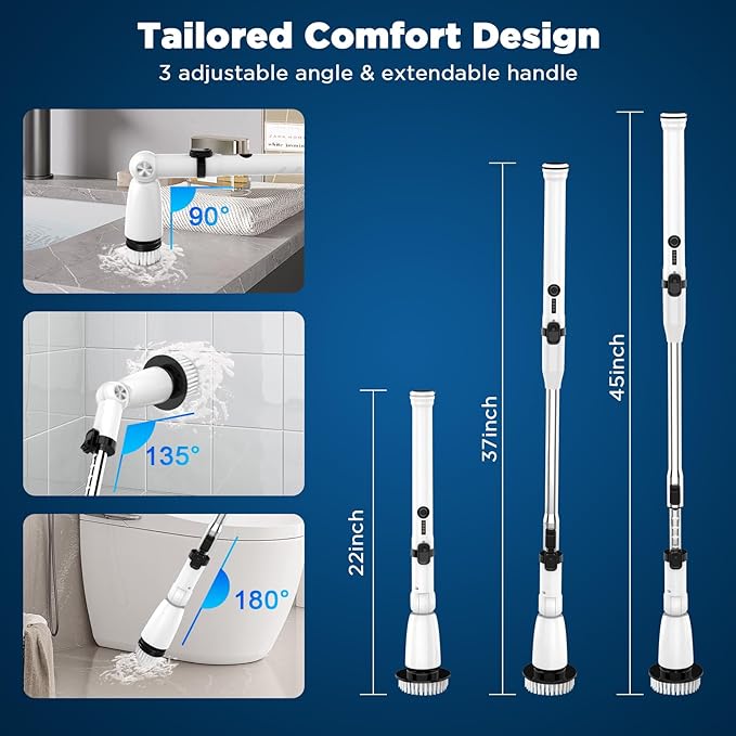 Electric Spin Scrubber Upgraded Bathroom Cleaner Power Shower Cleaning Brush with Extendable Handle &amp 4 Brush Heads Dual Speed &amp USB-C Charging Shower Scrubber for Bathtub Tile and Floor
