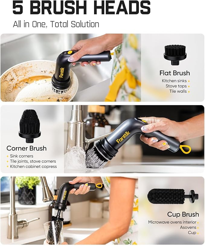 Fanttik G9 Handy Cordless Electric Spin Scrubber MagnaStorm Motor Dual-Speed 5 Brush Heads LED Display IPX7 Waterproof 2500mAh with Type-C Charging for Kitchen Sink Tile Stove