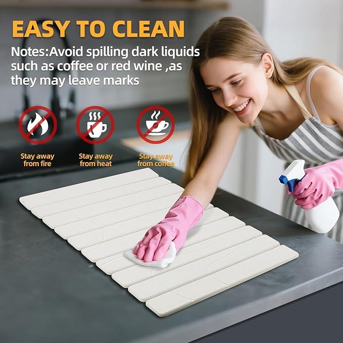 2 PCS Large Stone Dish Drying Mats for Kitchen Counter - Large 24x16 &amp Small 8x4 Dish Drying Mat Fast Drying Collapsible Dish Drying Mat Cups Bottles Match Any Counter Top