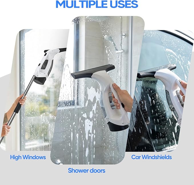 Window Vacuum Squeegee Cordless 2000Pa Electric Window Cleaner Tool with Extension Pole Window Cleaning Kit 11 Shower Squeegee for High Windows Shower Doors Tile &amp Car Windshield