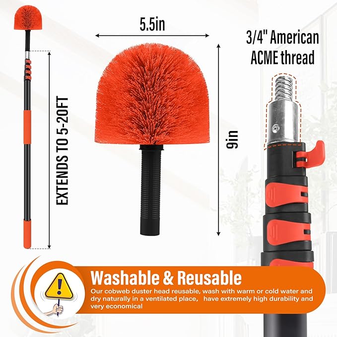 26 FT Cobweb Duster with Extension PoleSpider Web Brush with Pole Extend 5-20FTSpiderweb Cleaner with 4-Stage Telescopic Aluminum PoleSpider Brush Cobweb for Outdoor &amp Indoor Cleaning