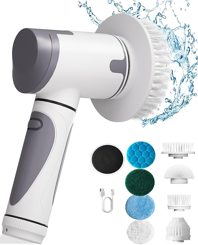 Electric Spin ScrubberPower Scrubber Dual Speeds Cordless Shower Scrub Brush with HandleCleaning Brush with IPX7 Waterproof8 Brush Heads for KitchenTileTub (Short Purple)