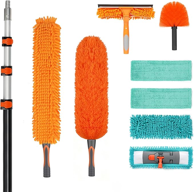 20ft High Ceiling Duster Kit with 4-12ft Heavy-Duty Extension Pole Cobweb Duster Ceiling Fan Duster Window Squeegee &amp Cleaner Microfiber Duster Wall Mop for Home High Reach Cleaning