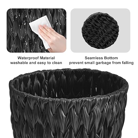 Wicker Trash CanSmall Trash CanHandwoven Waterproof Wicker Trash BasketRound Garbage CanCompact Waste Basket for BathroomBedroomOffice2 Gallon Black