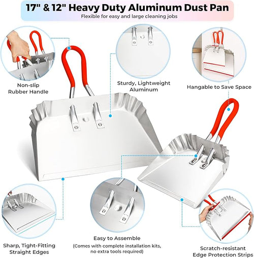 2 Pack Metal Dust Pan 17 and 12 Aluminum Heavy Duty Dust Pans with Non-Slip Rubber Handle Large and Small Dustpan Set Lightweight for Sweeping Garage Leaf Household &amp Outdoor Cleaning