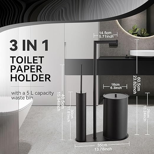BVL Bathroom Trash Can with Toilet Paper Holder &amp Toilet Brush Stainless Steel Matte Black 1.32 Gallon Wastebasket with Lid Space-Saving Bathroom Accessories