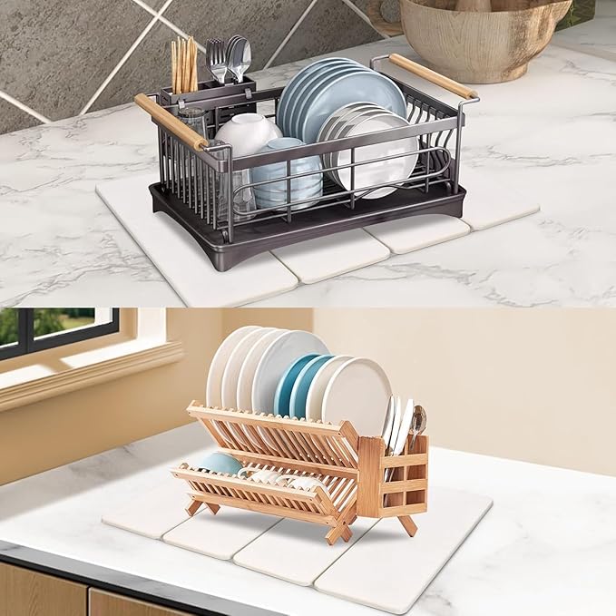 Large Stone Dish Drying Mat for Kitchen Counter 24×16 Dish Drying Mat Fast Water-Absorbing Diatomaceous Earth Non-Slip Stone Mat Multi-Purpose Foldable for Match Any Countertop