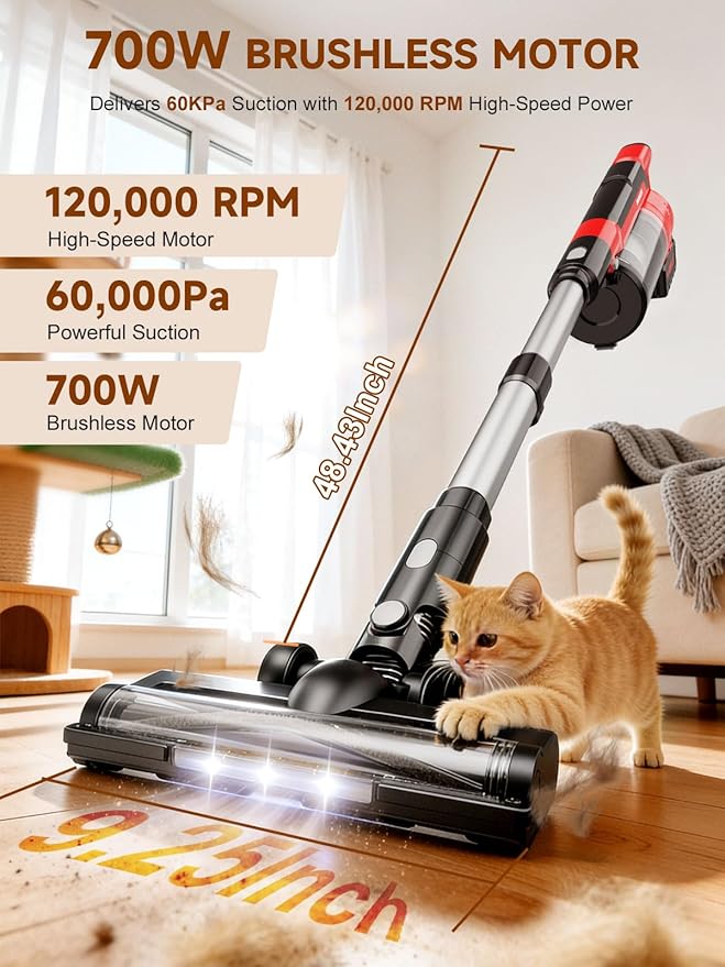 60KPa Cordless Vacuum Cleaner for Home 700W Pet Vacuum 70-Min Runtime Lightweight Rechargeable 8000mAh Dual Batteries 2L Dust Cup LED Display Anti-Tangle for Pet Hair Carpet &amp Hardwood Flo