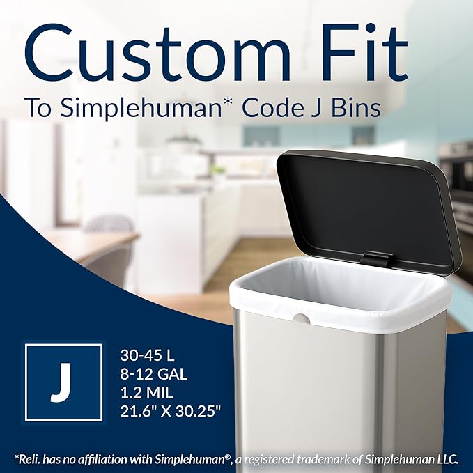 Reli. SuperFit Code J (120 Count) | Compatible with Simplehuman Code J | Dispenser Pack Custom Fit Liners | Drawstring Trash Bags | 30-45 Liter / 8-12 Gallon | White