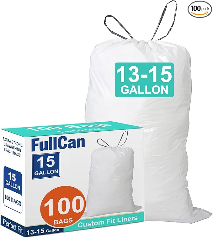 15 Gallon 100 Count Drawstring Trash Bags 1.2 MIL Heavy Duty Perfect Fit White Garbage Can Liners 13-15 Gallon White Drawstring Garbage Liners PERFECT FIT &amp GRAND SAVE!