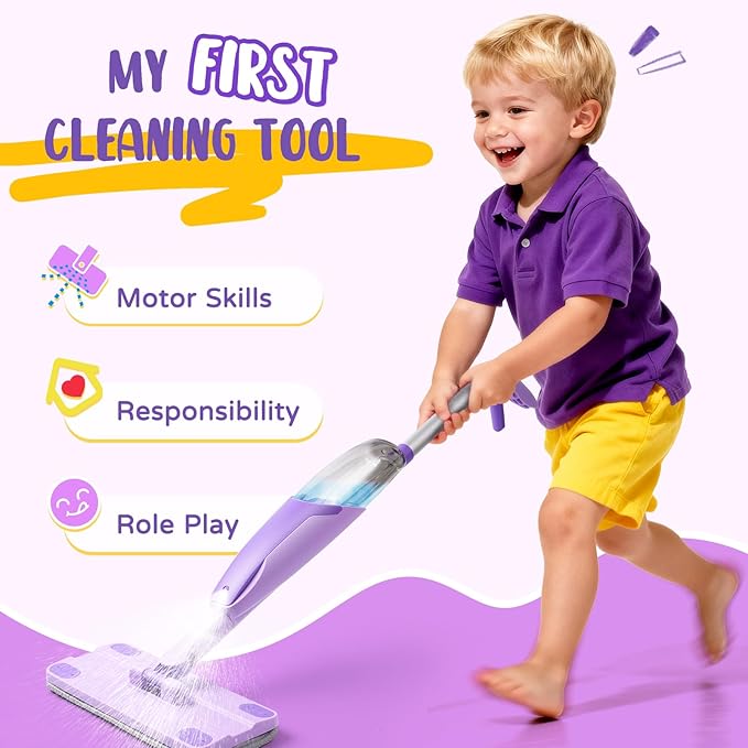 Purple Mini Spray Mop for Toddler-Montessori Cleaning Toy That Real Spray WaterPretend Playhouse Essentials for Girls Ages 3-8Toddler Educational Housekeeping Set