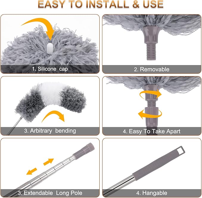 Microfiber Duster for Cleaning Fan High Ceiling Blinds Furniture Cars  9PCS Extendable Feather Duster (Stainless Steel) 30 to 100 Inches Reusable Bendable Washable