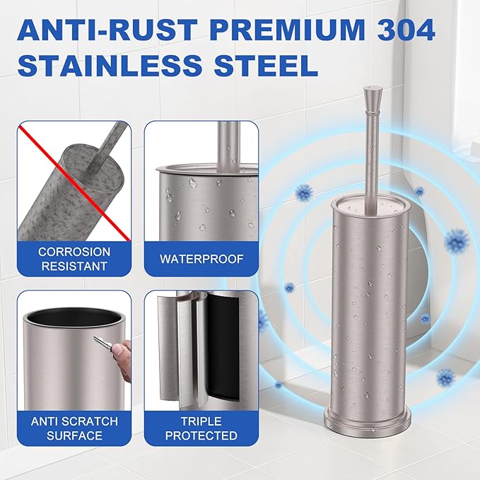 Toilet Brush and Holder Set：304 Stainless Steel Heavy Duty Toilet Bowl BrushRemovable Inner Bowl and Splash ProtectionBathroom Toilet Brush-Dense Bristles for Through Cleaning