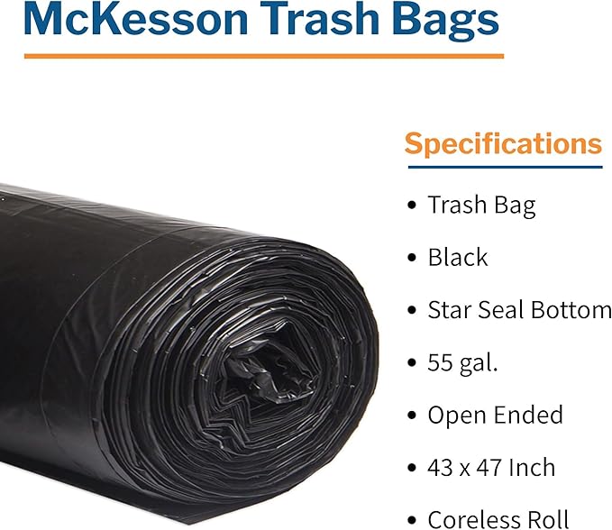 McKesson 55 Gallon Trash Bags - 100 Count 43 x 47 Black Garbage Bags Heavy Duty 1.5 Mil with Star-Sealed Bottom Large Trash Can Liners for Commercial Use Coreless Rolls