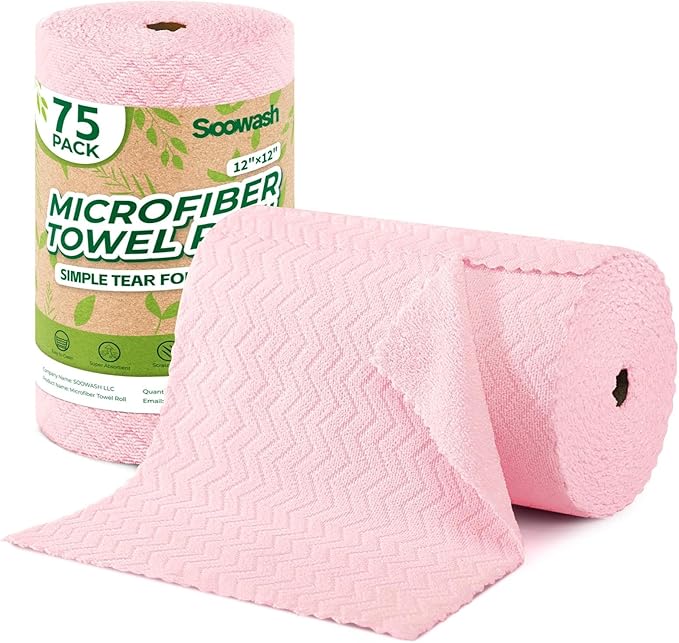 Microfiber Cleaning Cloths Roll 75 Pack Tear Away Microfiber Towels Roll 12 x 12 Lint Free Rags Reusable Cleaning Cloths Washable Scratch FreeUltra Absorbent Dish Rags(Pink Ripple)