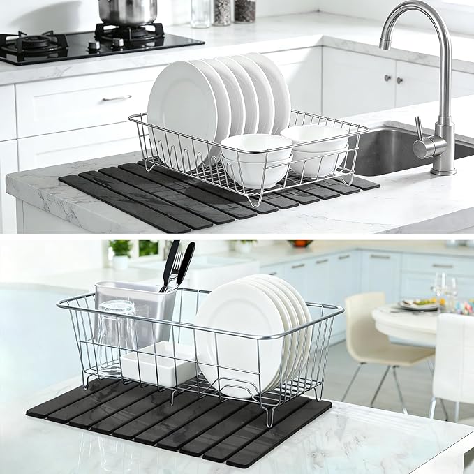 Large Stone Dish Drying Mat for Kitchen Counter Quick Dry Stone Dishes Mats Foldable Water Absorbing Diatomaceous Drying Pad for Countertop Bottles Utensils Cups Bathroom (Dark Gray 24x16)