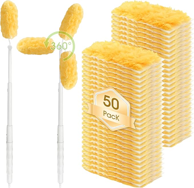50 Pack Duster Refill Compatible with 1 Extendable Handle 360 Heavy Duty Duster Kit with 1 Handle Multi-Surface Disposable Dusters Refills for Cleaning Corner Furniture Car Blinds