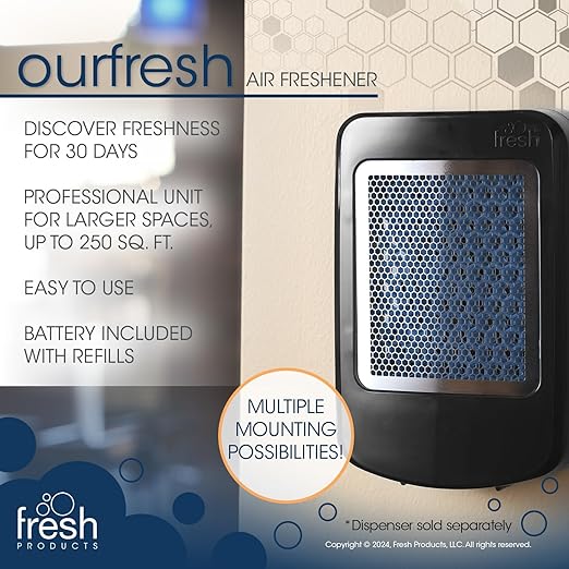 Fresh Products ourfresh 2 Air Freshener Replace Metered Aerosol with Dry Fragrance 30 Day Use Medium Sized Spaces Light Activated Battery Operated Batteries Included Cotton Blossom 8 pk
