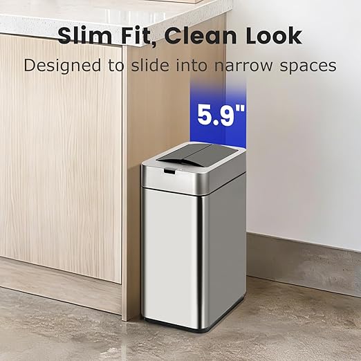 Sensor Trash Can with Butterfly Lid 2.6 Gallon Rectangular Automatic Garbage Can Stainless Steel Trash Bin Slim Waterproof Wastebaskets with Lid Soft Close for Under Counter Silver