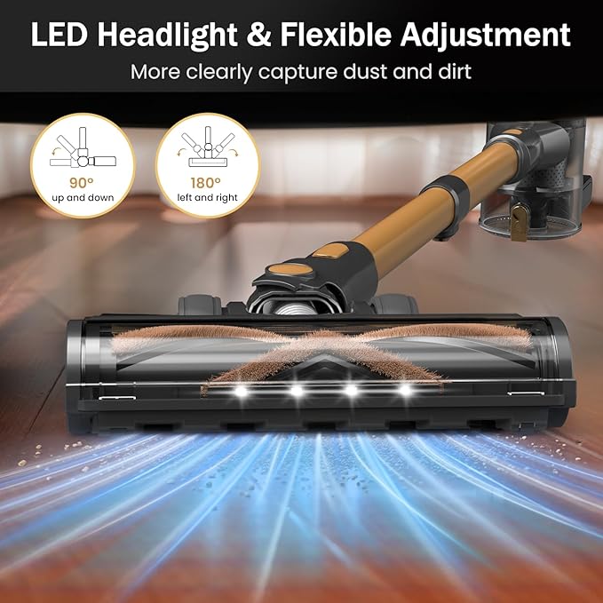 Cordless Vacuum Cleaner 10-in-1 Lightweight Stick Vacuum with 45mins Runtime Powerful Suction LED Touch Screen Rechargeable Vacuum Cleaners for Home Hardwood Floor Carpet Pet Hair (Gold)