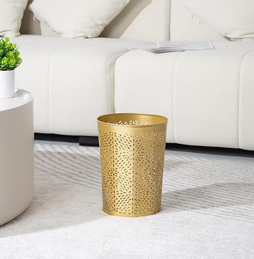 Small Gold Metal Trash Can Wastebasket Decorative Hollow-Out Garbage Can Waste Paper Bin Modern Farmhouse Round Trash Bin for Bathroom Bedroom Kitchen and Office (Floral)