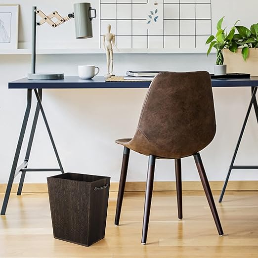 Trash Can Wastebasket Wood Garbage Container Bin with Built-in Double Metal Handles for Office Bedroom and Bathroom Dark Brown