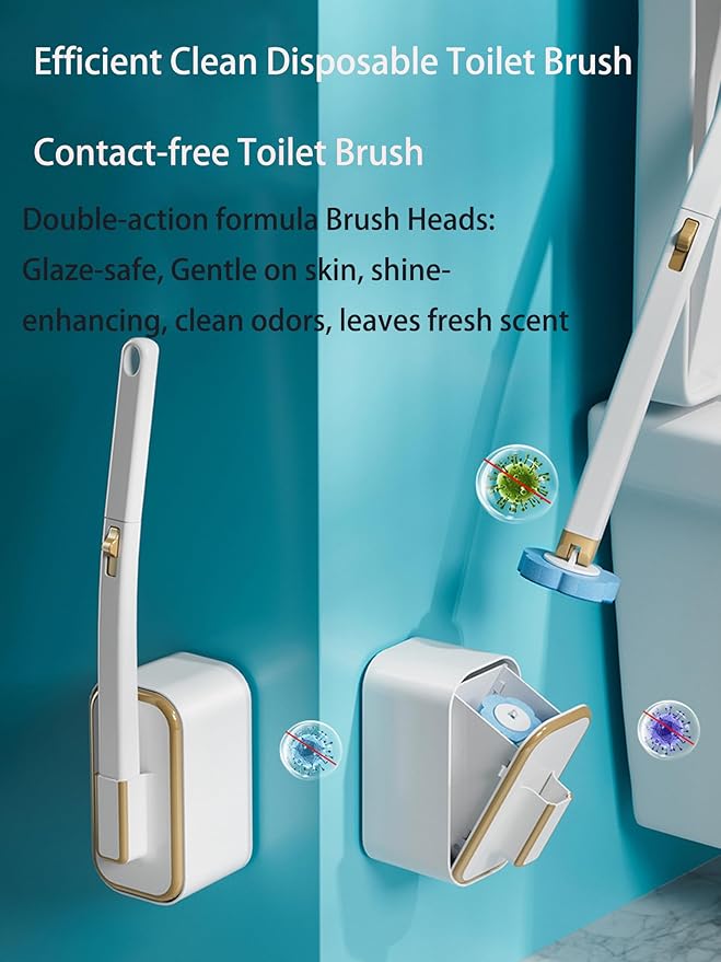 Disposable Toilet Brush with 48 Refill Heads and Holder– Includes Storage Caddy&ampToilet Bowl Wand Wall-Mount Scrubbing Toilet Brush Bathroom Cleaning Kit (1 Wand+48 Refills)