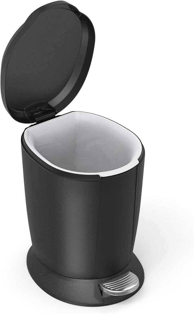 simplehuman 6 Liter / 1.6 Gallon Compact Plastic Round Bathroom Step Trash Can Black