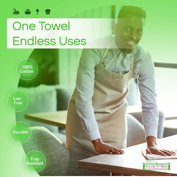 Towels N More 24 Pack 16x19 Bar Mop Towels High Absorbent Cotton Reusable Kitchen Towels - Quick Drying Towels for Chef Cook Home Restaurant Bar Glass Cleaning Towels (24 Green Stripe)